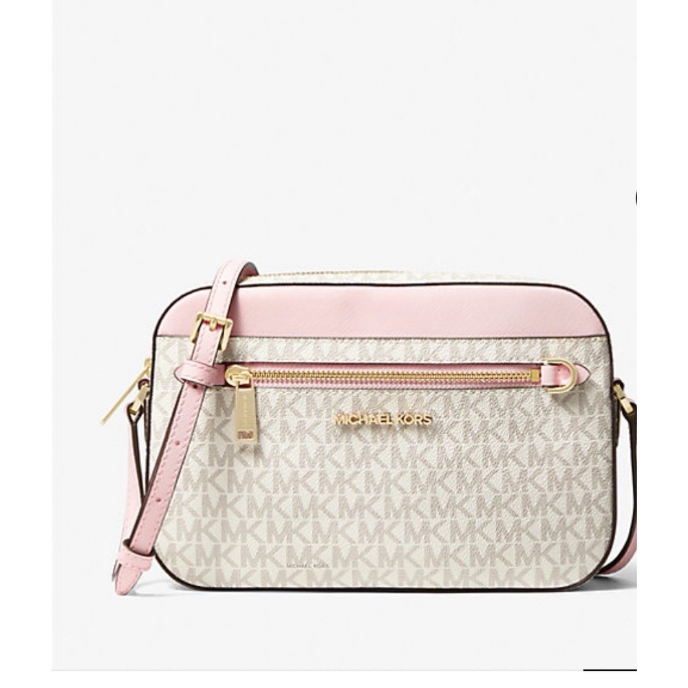 Michael Kors Signature Logo Purse Pink Trim Gold Chain NWT - Picture 1 of 8
